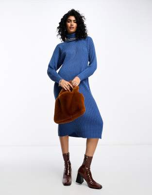 Y.A.S - Robe pull mi-longue côtelée à col roulé - Bleu