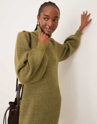 YAS YAS roll neck long sleeve knit dress in olive-Green