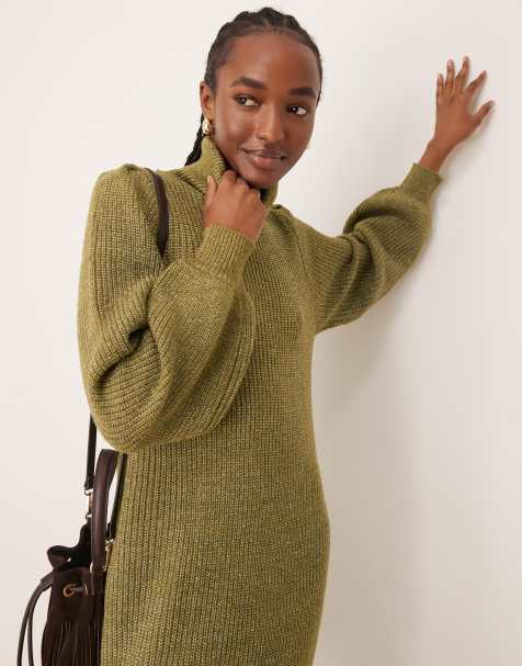 YAS roll neck long sleeve knit dress in olive - view 1