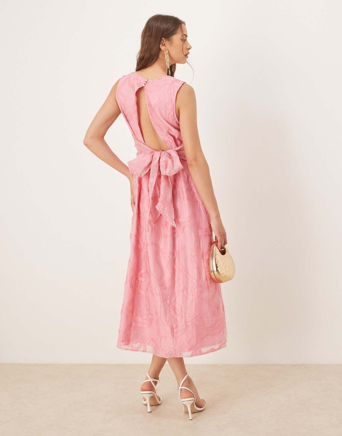 YAS rope embroidered bow back detail midi dress in bubblegum pink