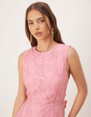 YAS rope embroidered bow back detail midi dress in bubblegum pink