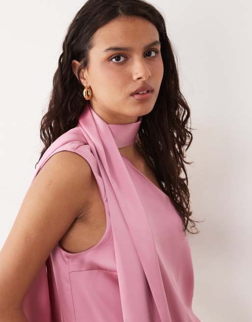 YAS – Rosa, enaxlad topp i satin med scarfdetalj, 2 av 4