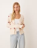 [YAS] YAS rose embroidered balloon cuff cardigan in cream-White S Birch