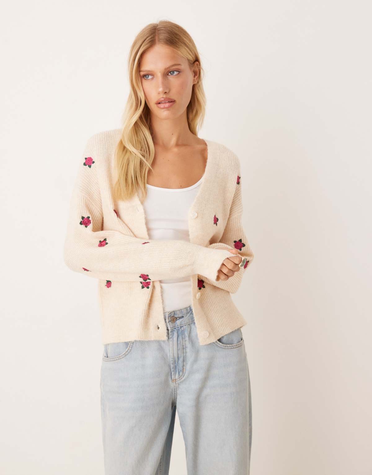 YAS rose embroidered balloon cuff cardigan in cream