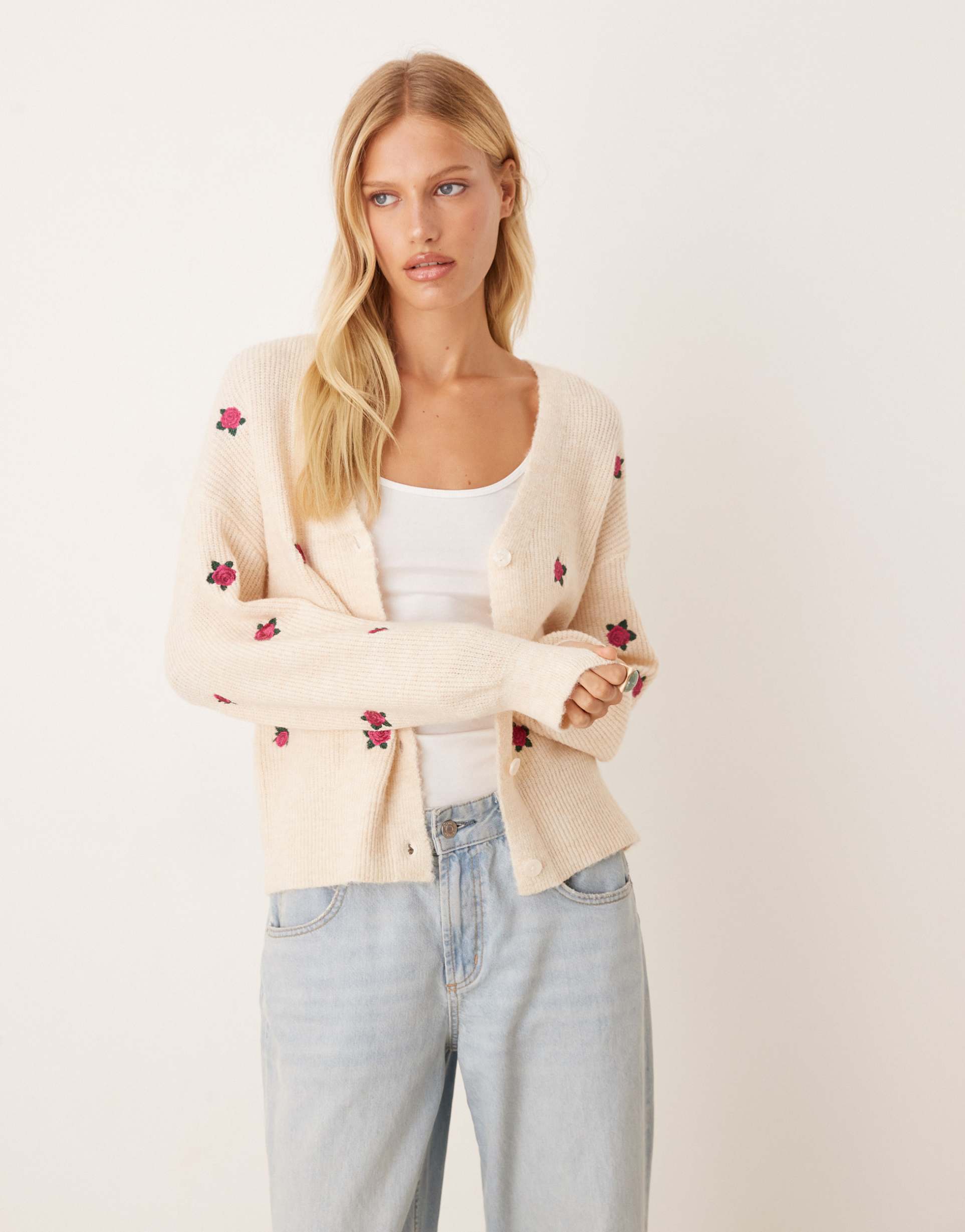 yas rose embroidered balloon cuff cardigan in cream