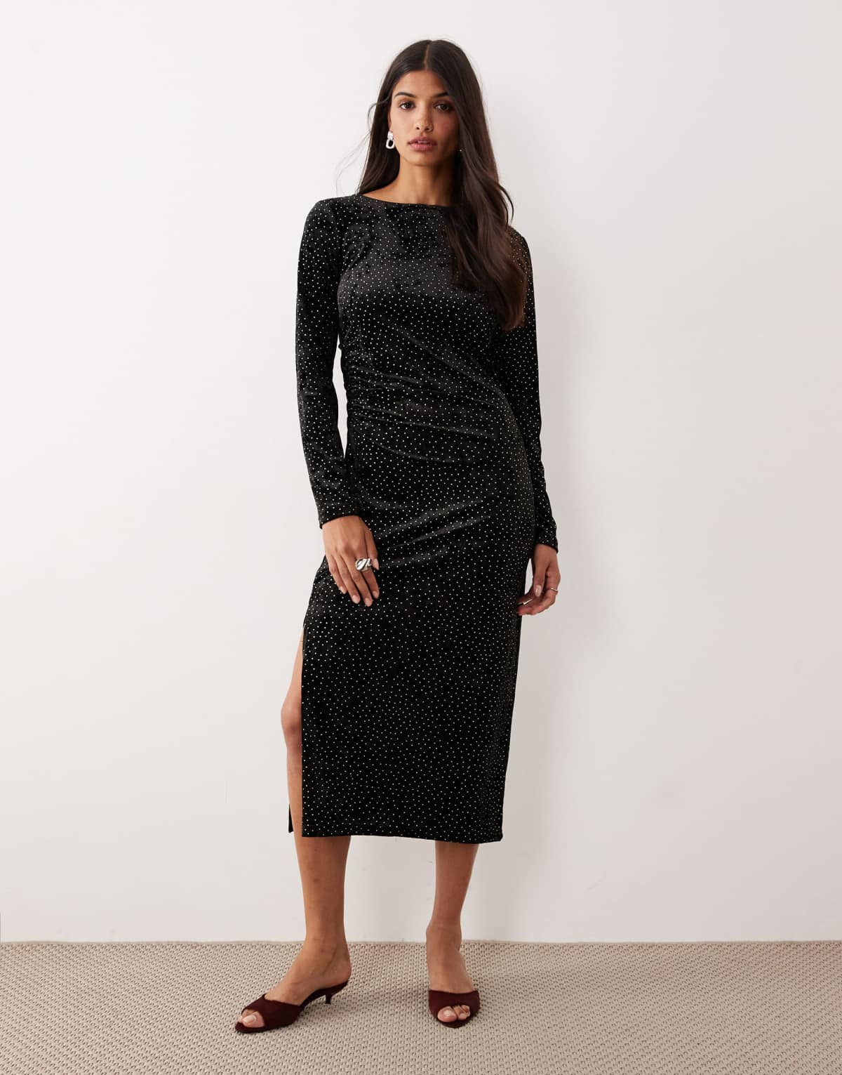 YAS ruched detail velvet midi dress in black