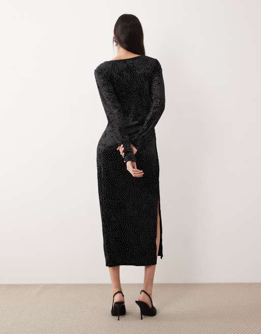 YAS ruched detail velvet midi dress in black, 2 of 4