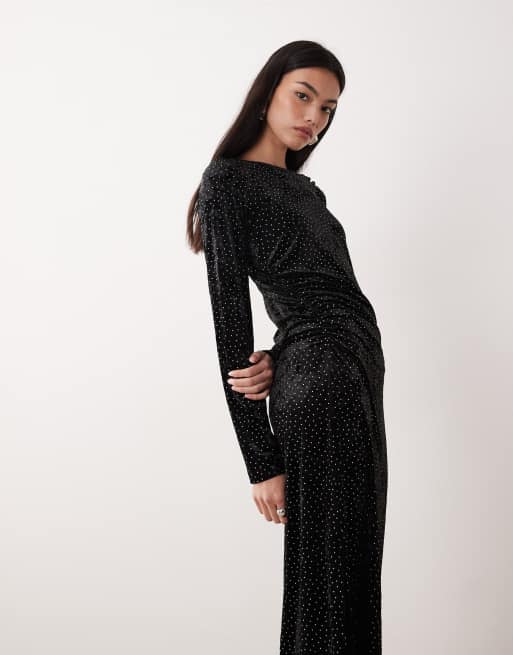 YAS ruched detail velvet midi dress in black, 3 of 4