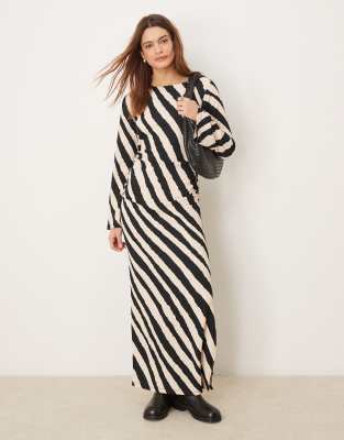 ruched midi dress with bell sleeve detail in monochrome stripe print-Multi