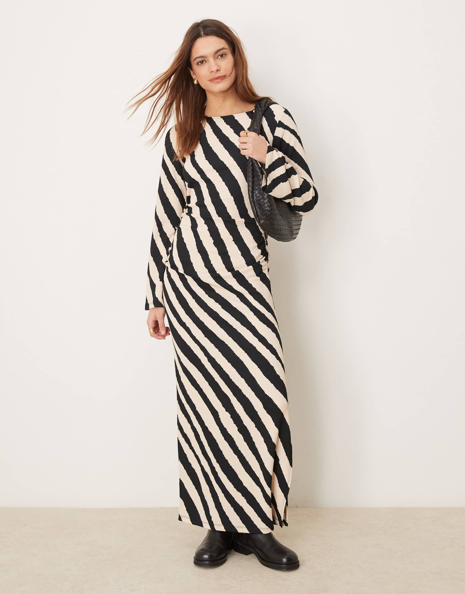 yas ruched midi dress with bell sleeve detail in monochrome stripe print