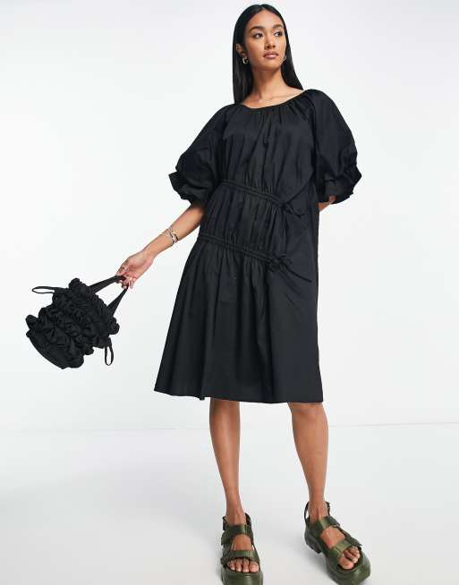Y.A.S ruched puff sleeve dress in black