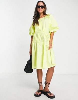 Y.A.S ruched puff sleeve mini dress in yellow