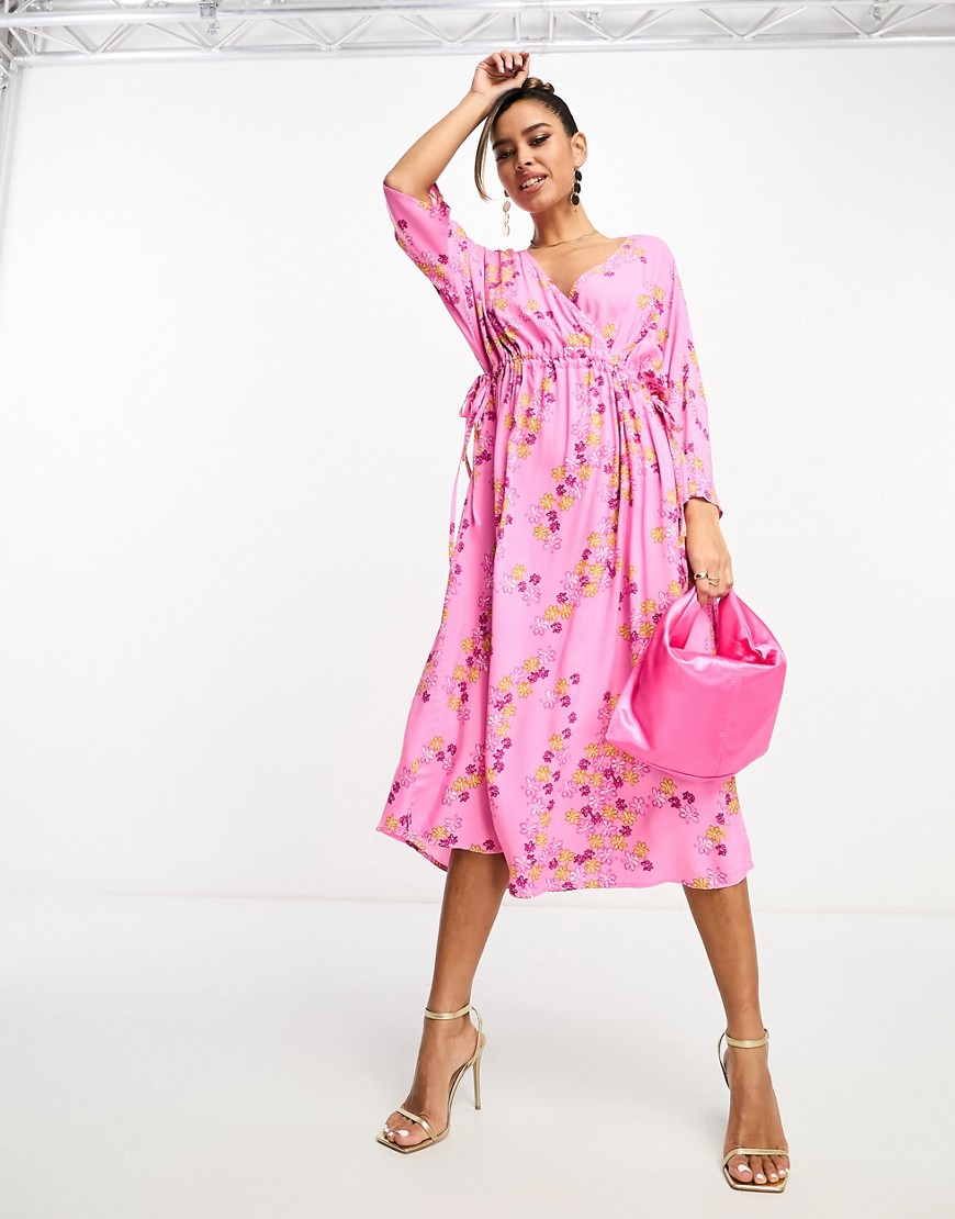 Y.a.s. Ruched Side Midi Dress In Pink Floral Print