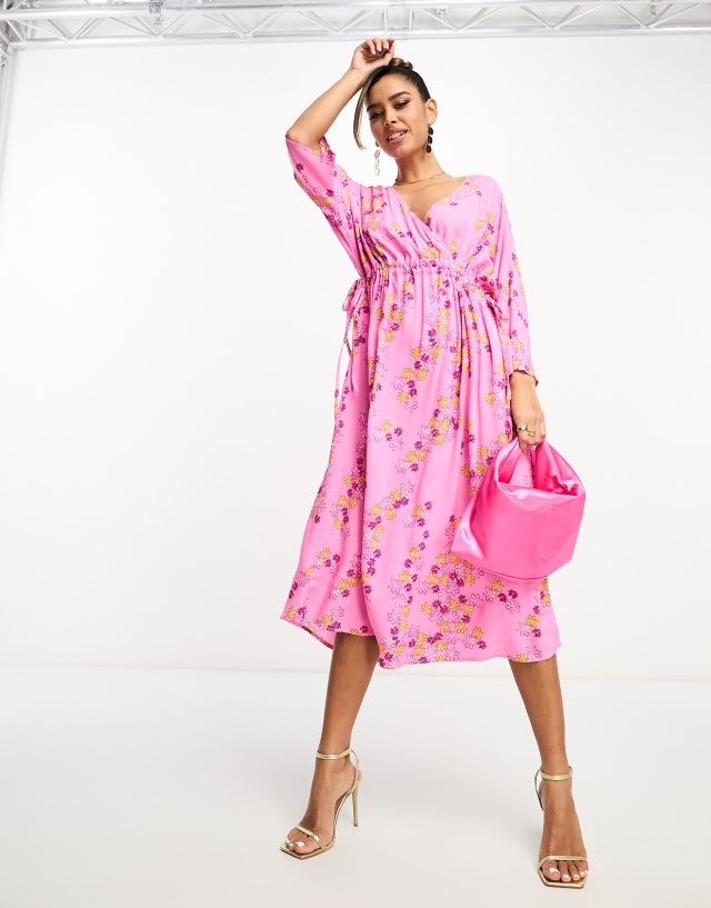 Y.A.S - ruched side midi dress in pink floral print