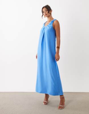 Y.a.s. Ruched Strap Satin Maxi Dress In Blue