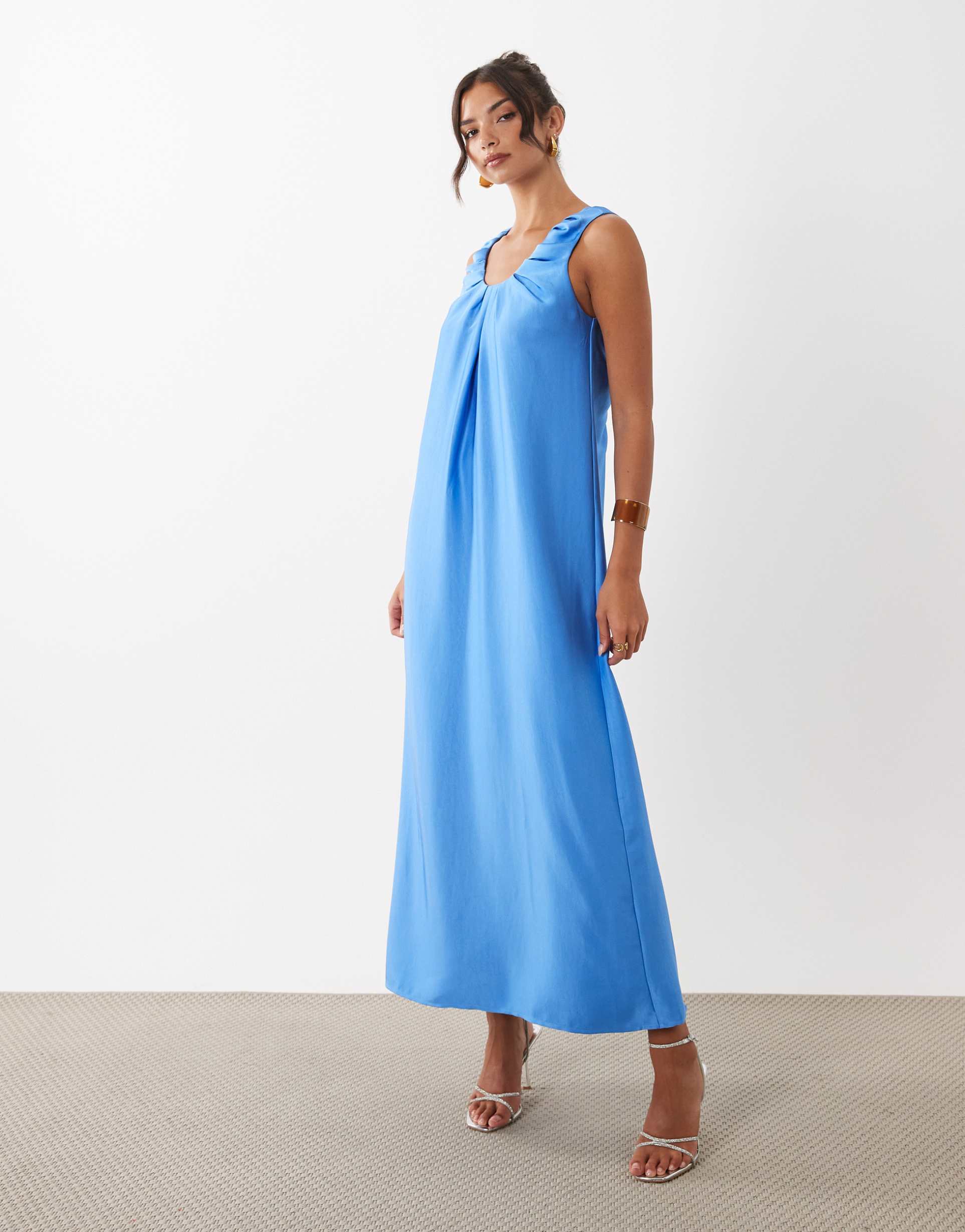 yas ruched strap satin maxi dress in marina blue