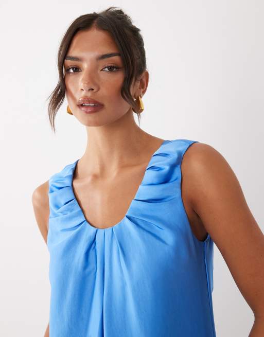 YAS ruched strap satin maxi dress in marina blue, 3 of 4