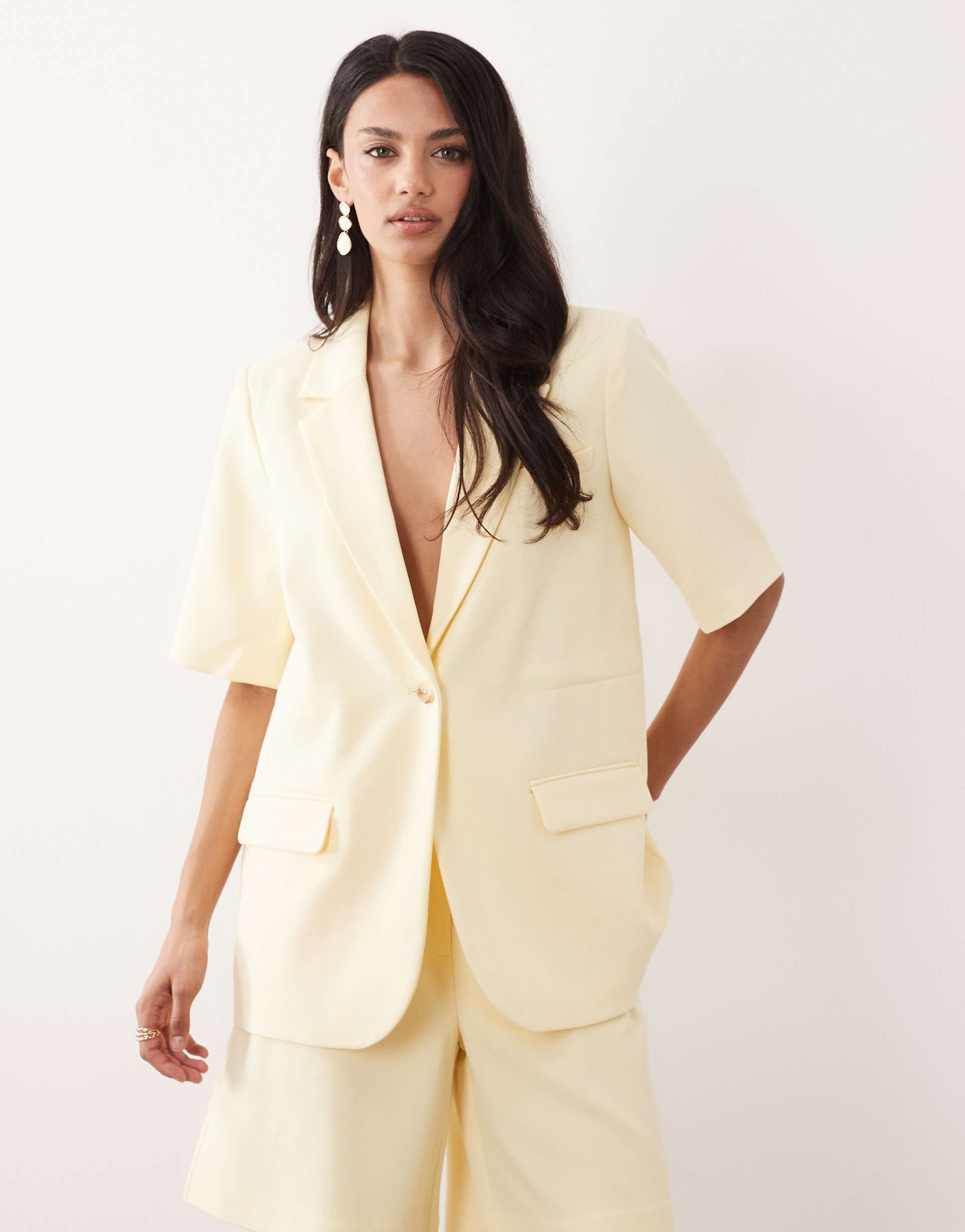 yas ruched waist short sleeve tailored blazer in pale yellow - part of a set