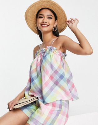 Y.A.S ruffle cami top co-ord in pastel check