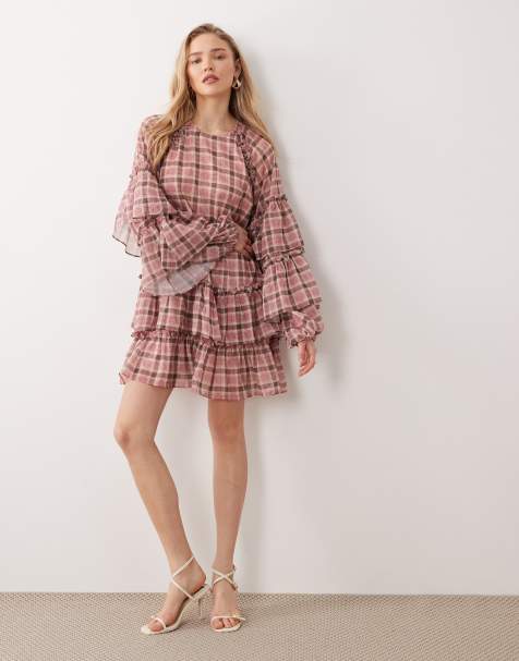 YAS ruffle chiffon smock mini dress in pink and mauve plaid print - view 1