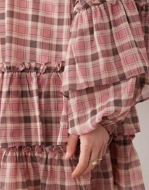 YAS ruffle chiffon smock mini dress in pink and mauve plaid print, 3 of 4