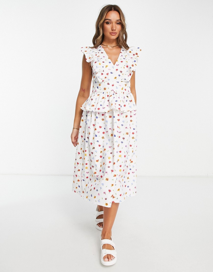 Y.a.s. Ruffle Detail Maxi Dress In White Floral Print