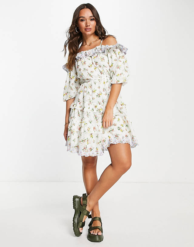 Y.A.S ruffle detail mini dress in mixed floral
