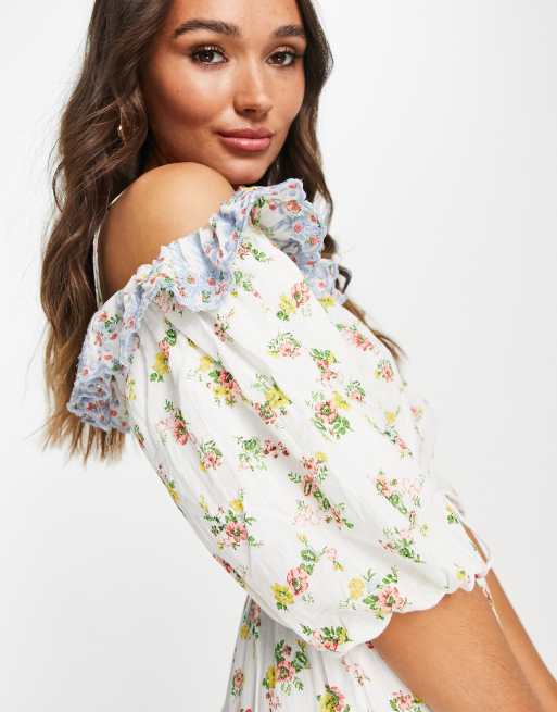 Y.A.S ruffle detail mini dress in mixed floral | ASOS