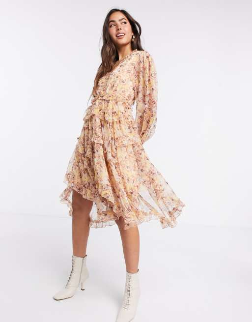 Y A S Ruffle Dress With Cut Out Back And Dipped Hem In Floral Print Asos 