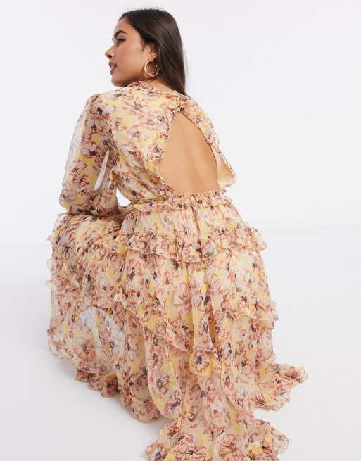 Y A S Ruffle Dress With Cut Out Back And Dipped Hem In Floral Print Asos 