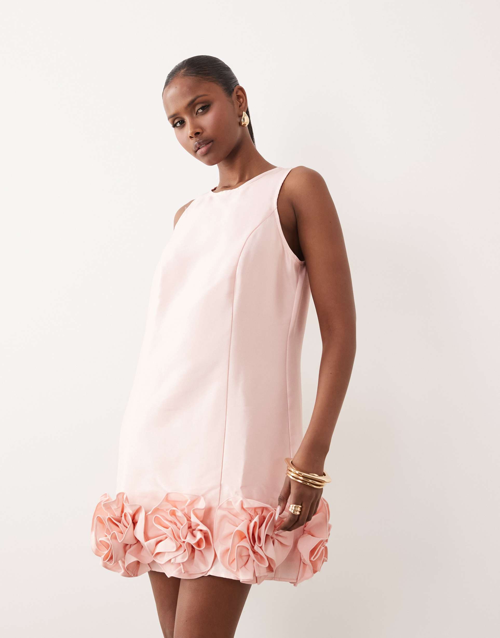 yas ruffle hem mini dress in rose pink