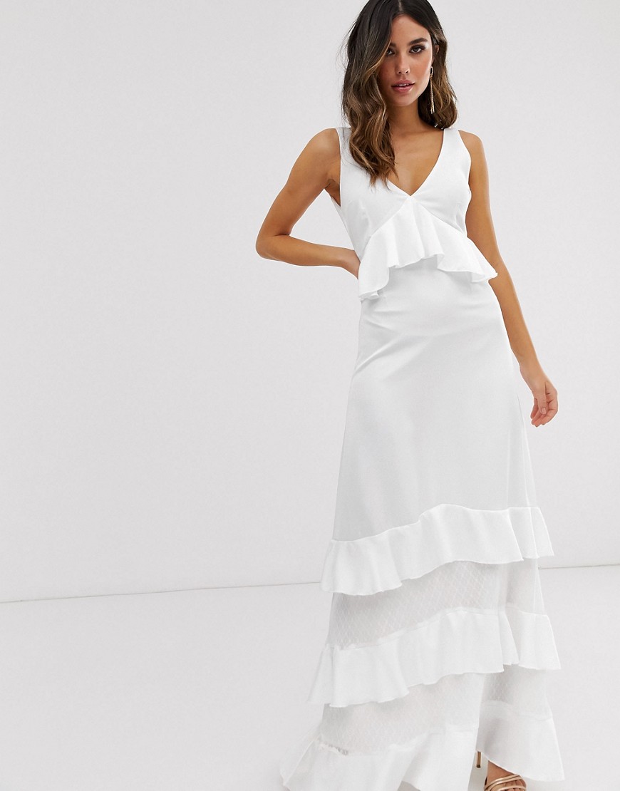 Y.A.S Ruffle Maxi Dress With Lace Inserts-White