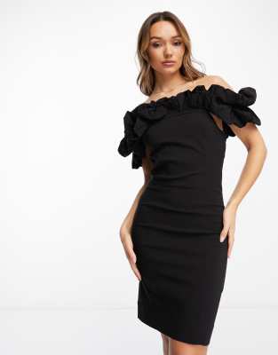 Y.A.S ruffle off shoulder stretch bodycon mini dress in black