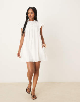 Y.a.s. Ruffle Sleeve Mini Smock Dress With Ladder Stitch Yoke Detail