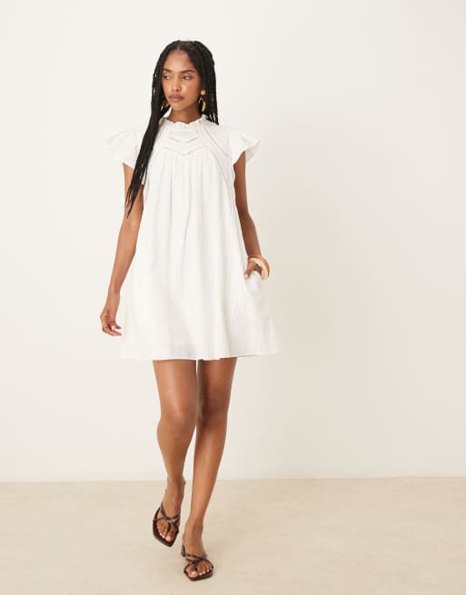 YAS ruffle sleeve mini smock dress with ladder stitch yoke detail in white, 2 of 4