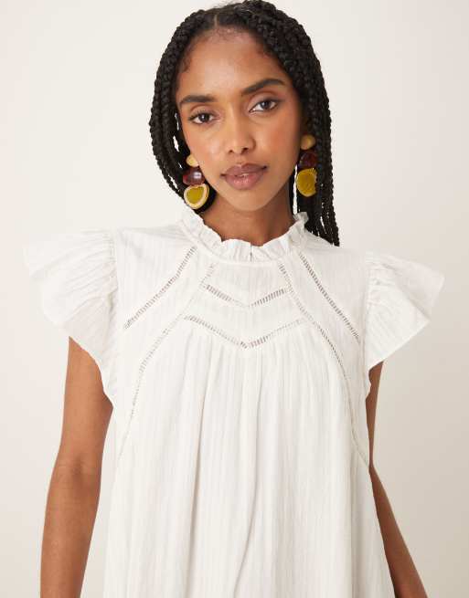 YAS ruffle sleeve mini smock dress with ladder stitch yoke detail in white, 4 of 4