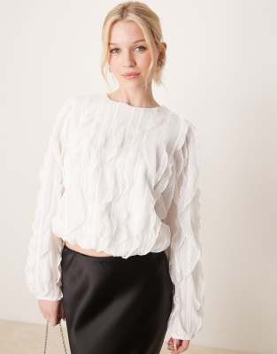 YAS ruffle textured detail top in white