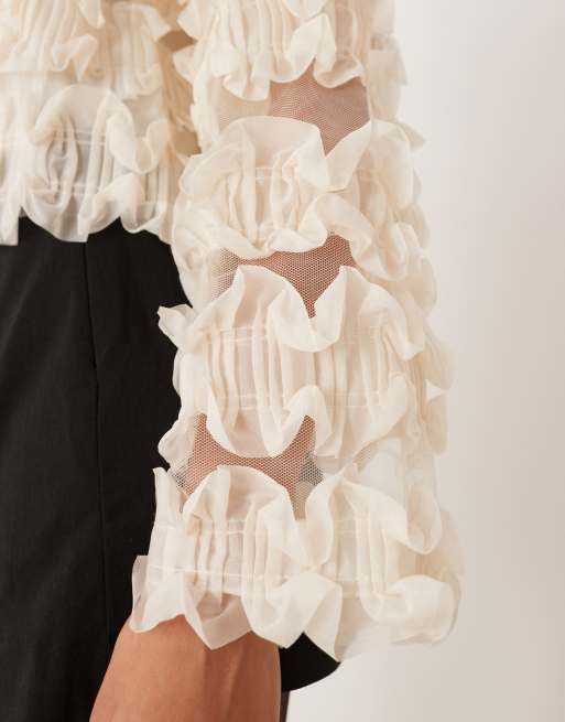 YAS ruffle textured long sleeve top in cream , 3 of 4