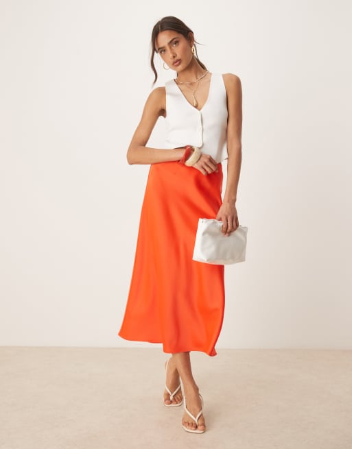 YAS - Satijnen midi rok in tomatenrood, 3 van 5