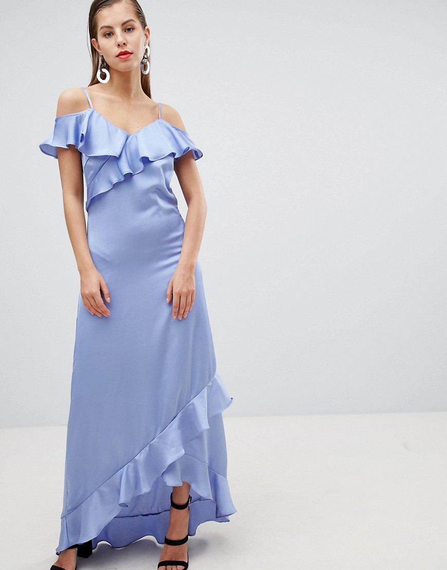 Y.A.S - Satijnen schouderloze lange jurk met ruches-Blauw