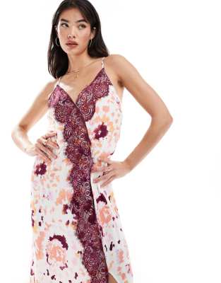 satin cami maxi dress with lace detail in abstract animal print-Multi