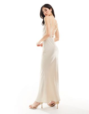 satin cami maxi dress with lace detail in champagne-Neutral