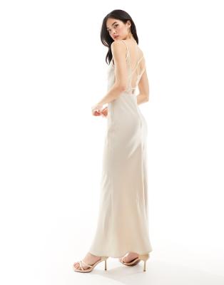 satin cami maxi dress with lace detail in champagne-Neutral