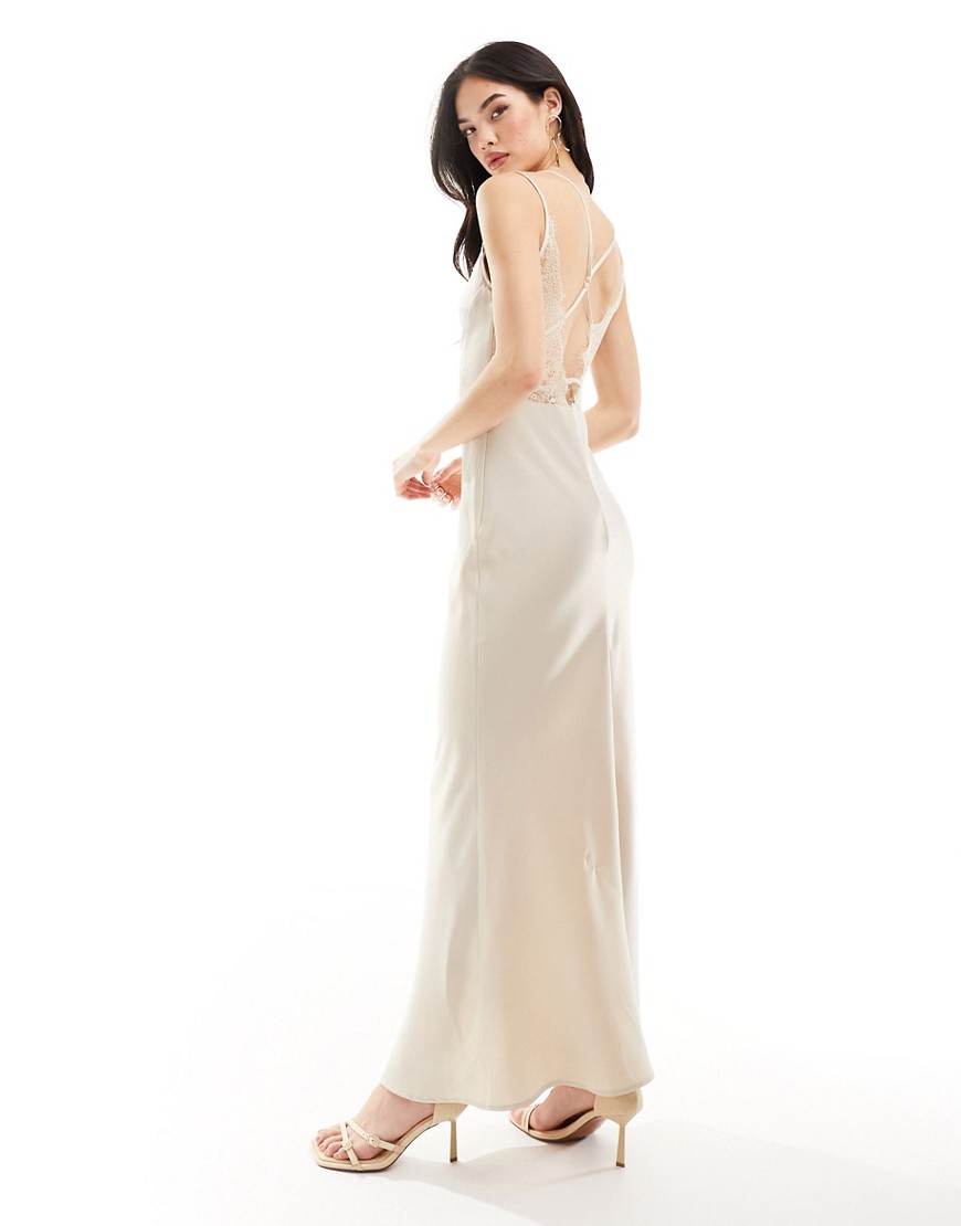 Y.a.s. Satin Cami Maxi Dress With Lace Detail In Champagne-neutral