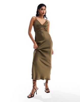 Y.A.S satin cami maxi dress with lace detail in deep taupe