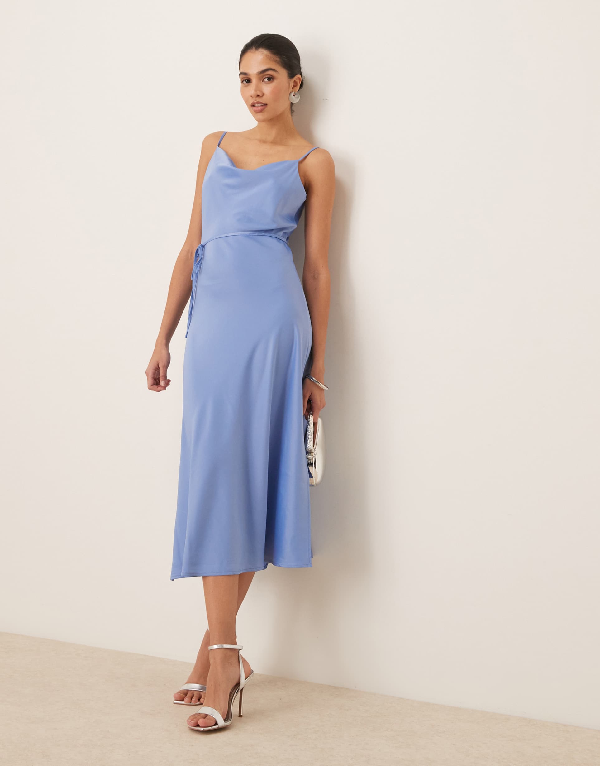 yas satin cami midi dress in light blue
