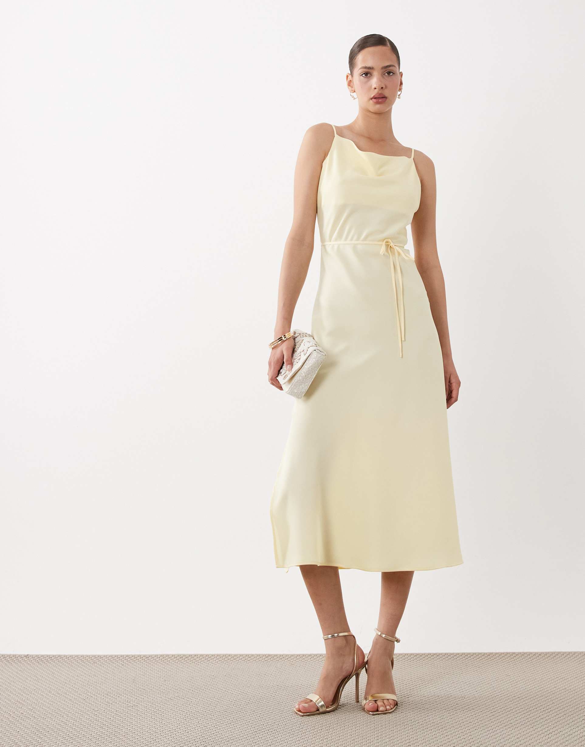 yas satin cami midi dress in pastel yellow