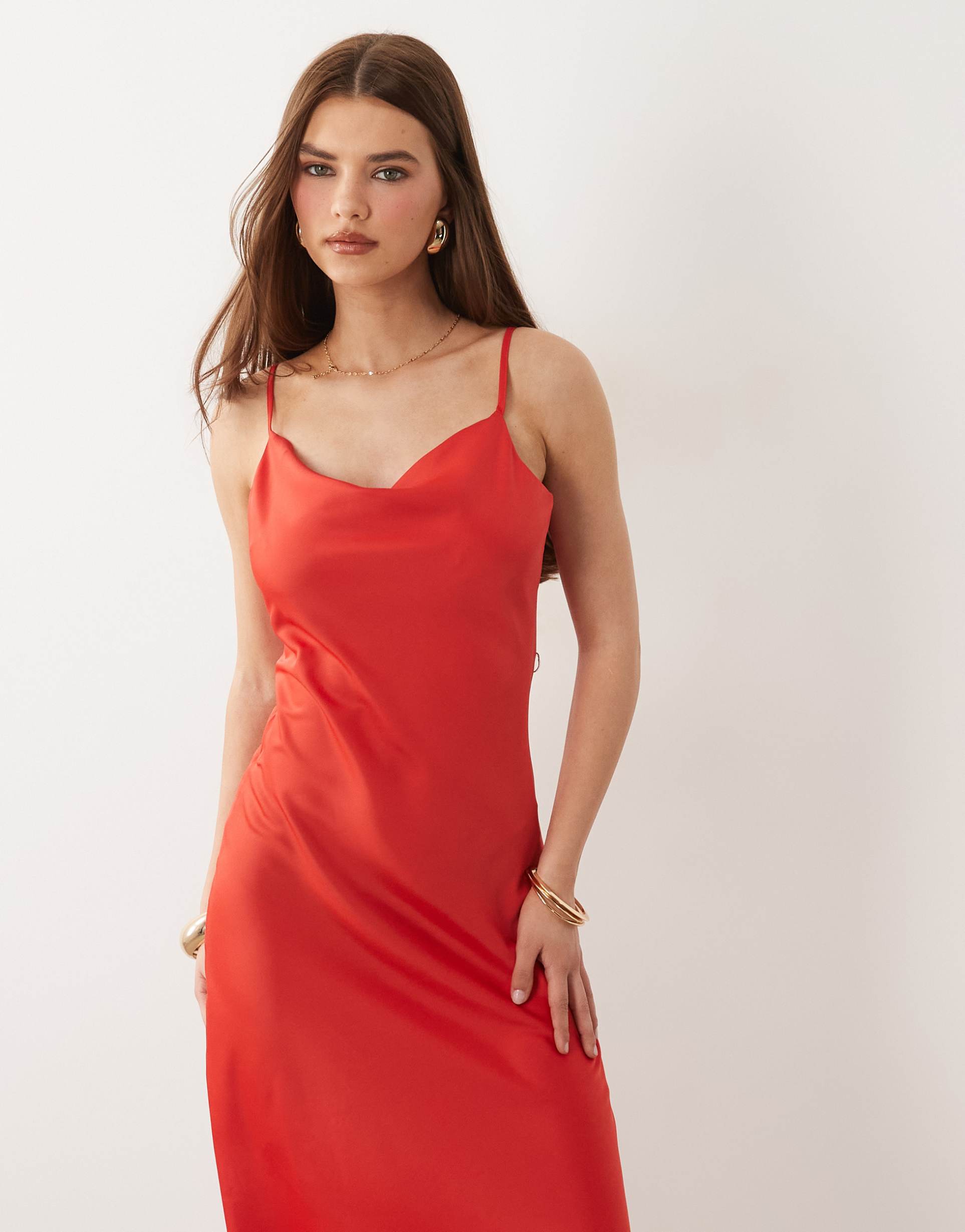 yas satin cami midi dress in poinsettia red