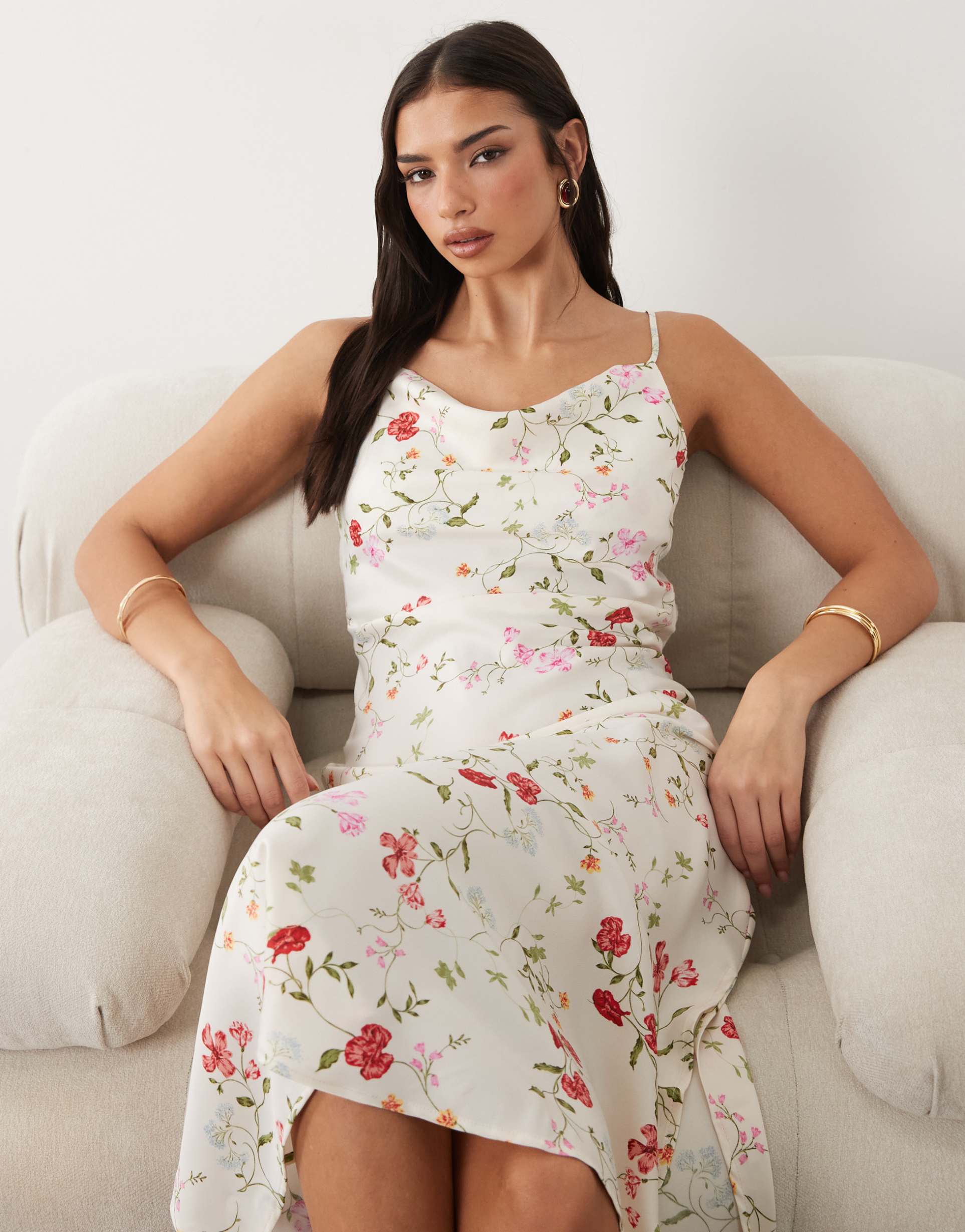 yas satin cami midi dress in white garden floral print