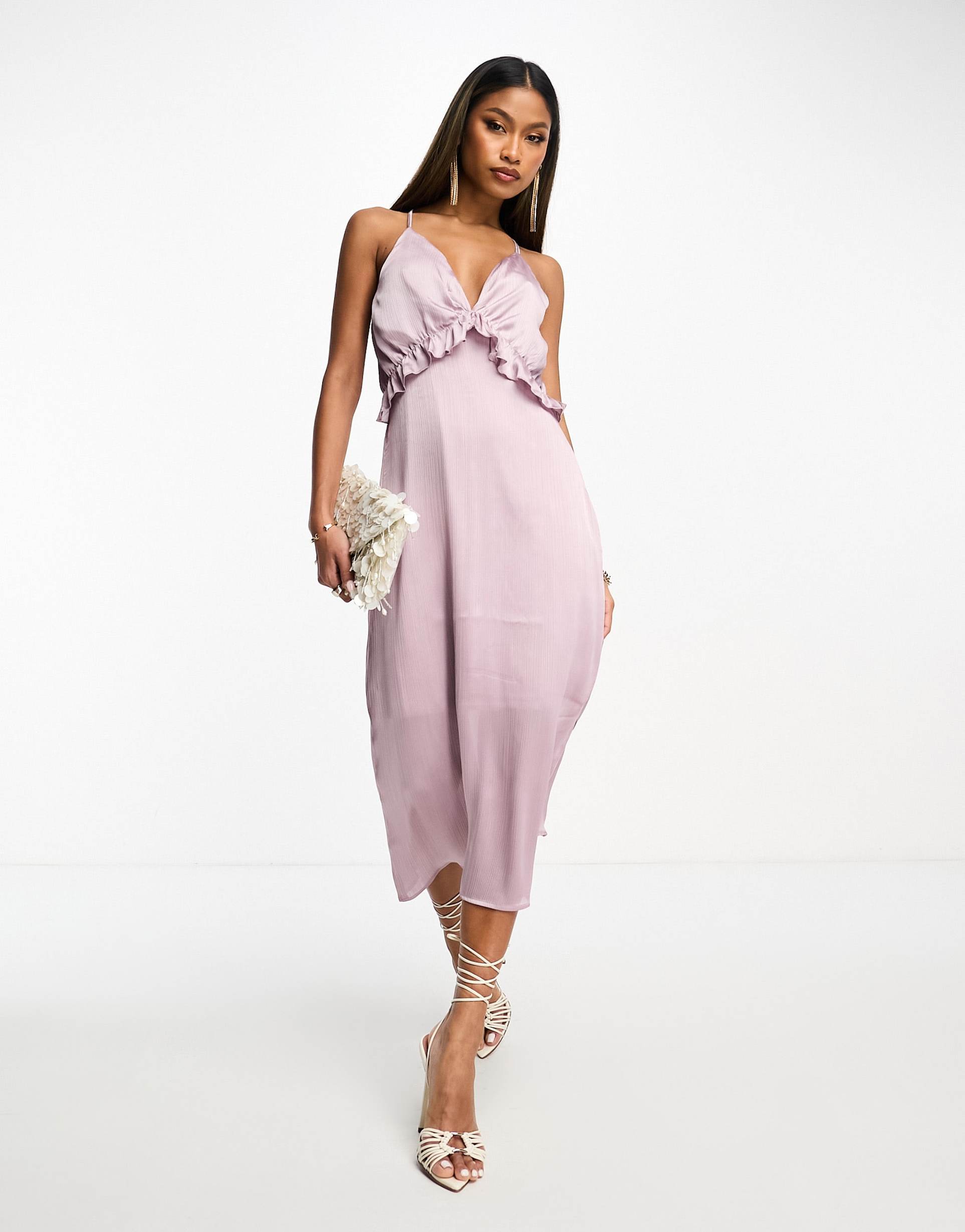 y.a.s satin cami midi dress with frill detail in rich silver lilac